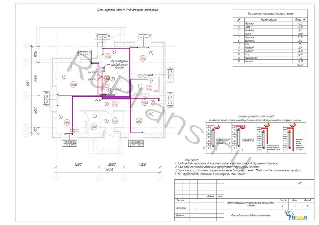 2.3. Отопление. План первого этажа. Радиаторное отопление (при заказе опции: индивидуальные решения)
